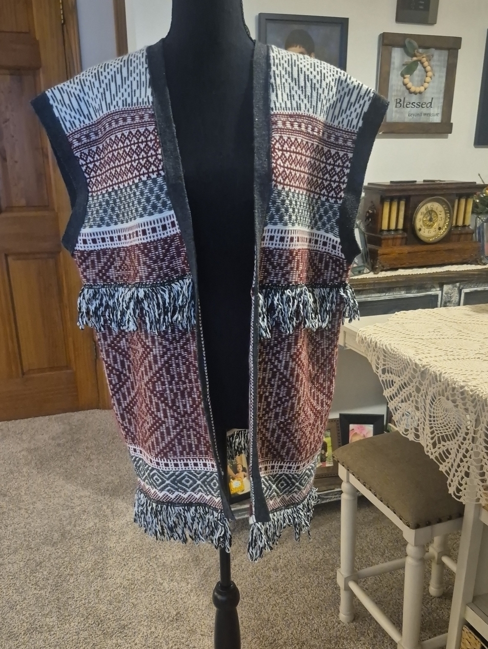 entro Black and White Fringed Open-Front Vest